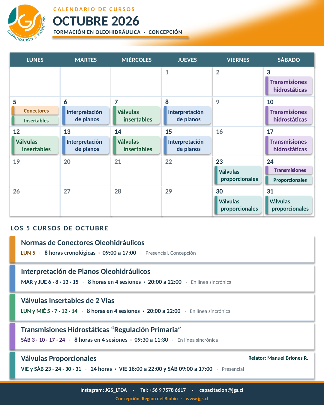 Calendario de cursos de octubre 2026 - JGS Capacitacion e Ingenieria